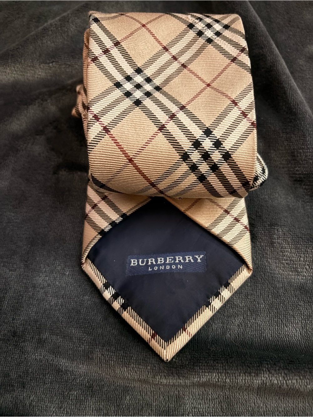 Burberry Tan Nova Check Silk Tie with Black & Red Accents